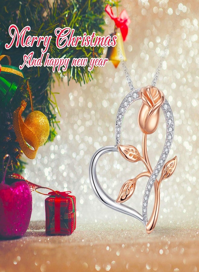 Klurent Rose Necklace for Women, Christmas Necklace with Gift Box, Rose Gold Flower Silver Heart Pendant Unique Necklaces Gift for Wife, Mom, Girlfriend on Christmas, Birthday, Anniversary - Image 5